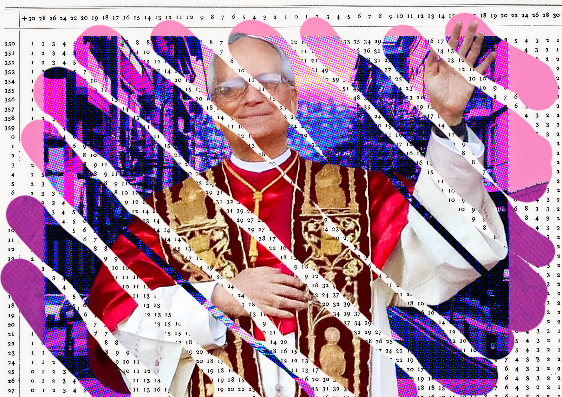 A collage depicting Pope Leo XIV in ornate red and gold vestments, arms raised in greeting, partially obscured by diagonal bands filled with neon pink and blue glitch textures. The background resembles a printed archival or data sheet covered in rows of numbers, creating a layered effect that evokes fragmentation and digital abstraction.