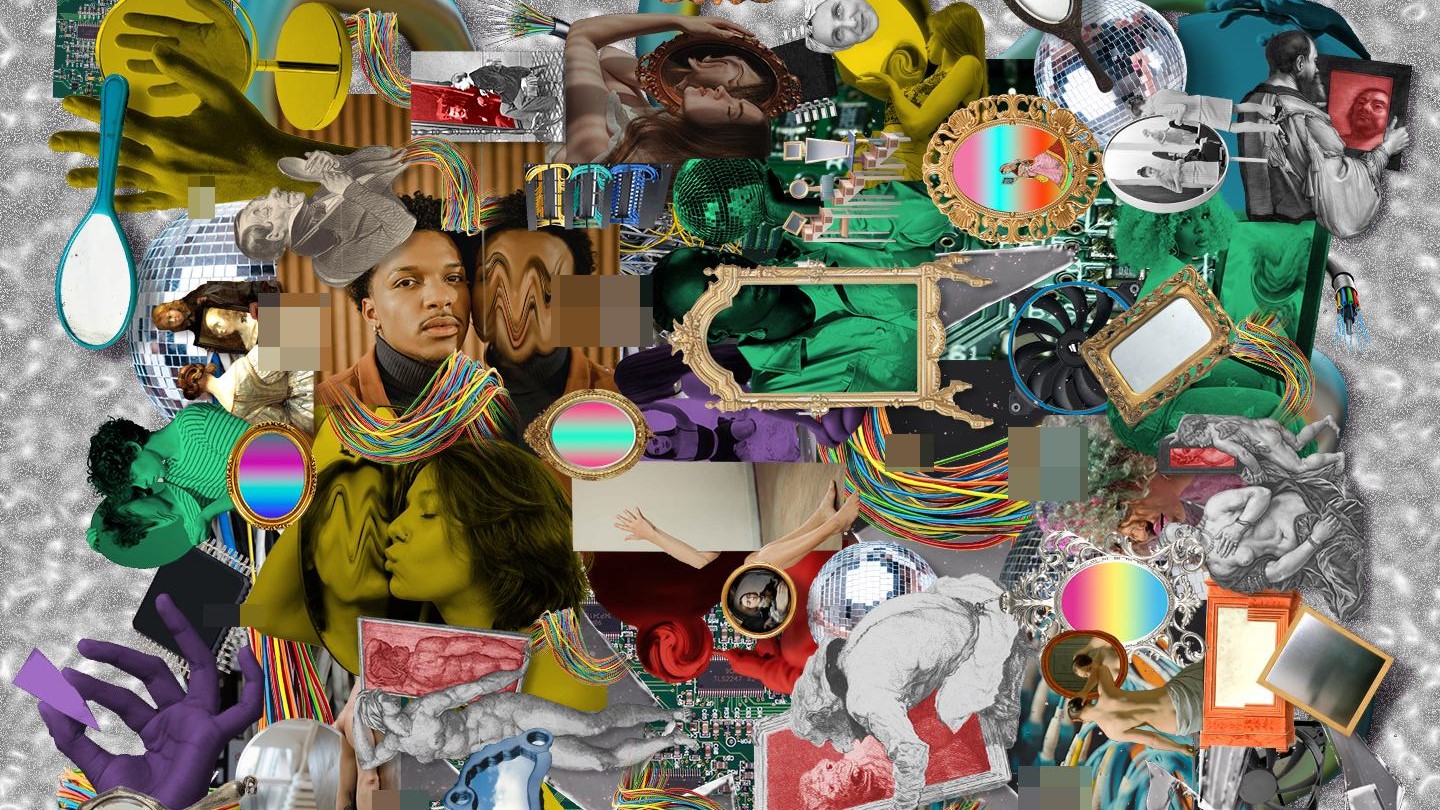 Collage with mirrors reflecting diverse human figures, in a digital environment.
