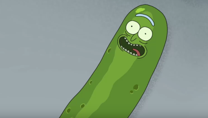 A screenshot from Rick and Morty of Rick in the form of a pickle
